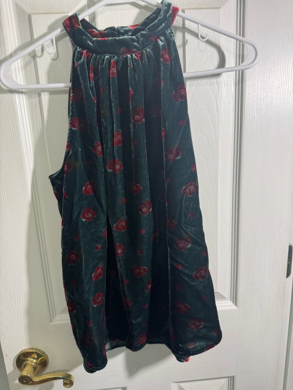 LOFT Dark Green Velvet A-Line Skirt with Red Rose Print